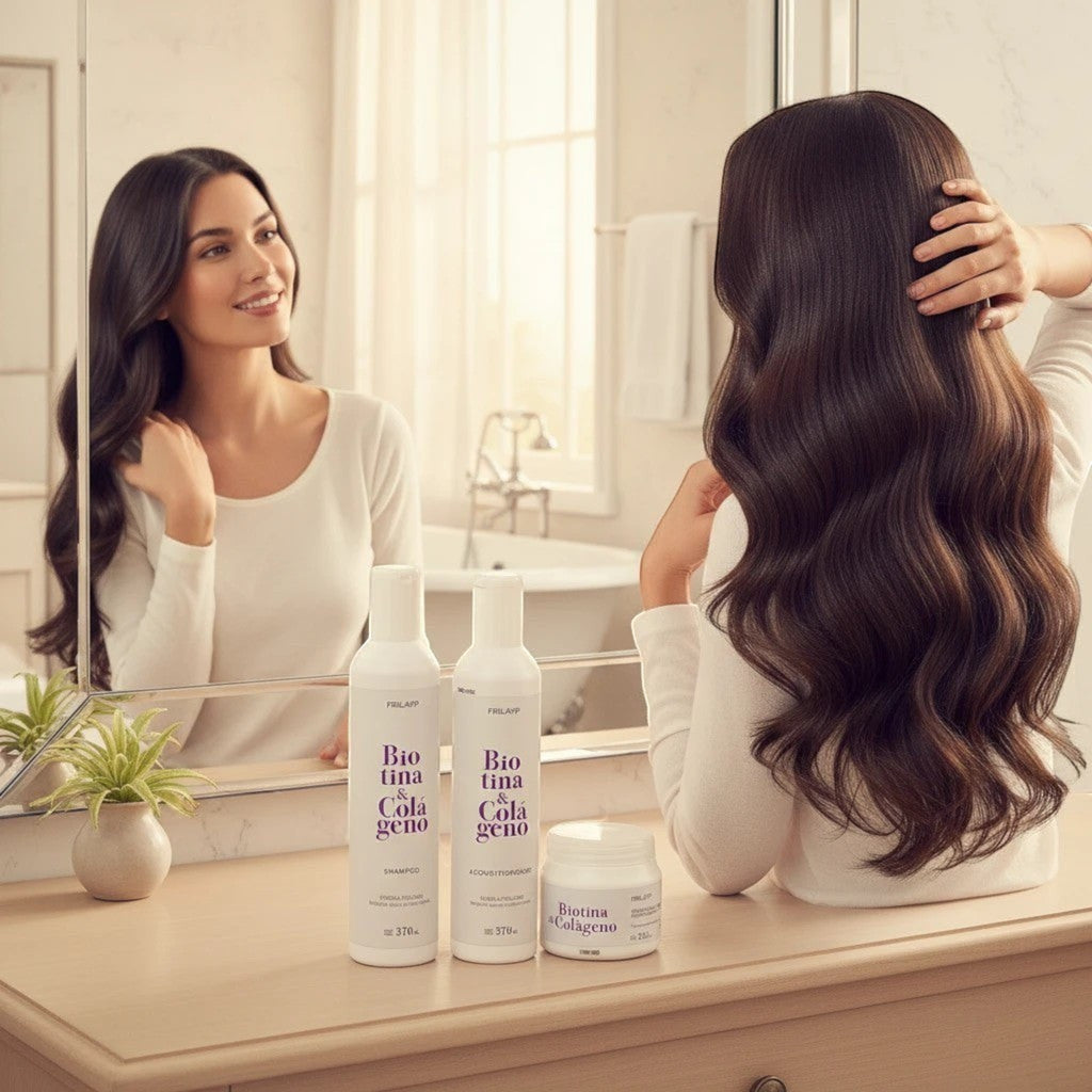 Kit Distriwil Frilayp de shampoo, acondicionador y baño de crema con biotina y colágeno para un cabello radiante