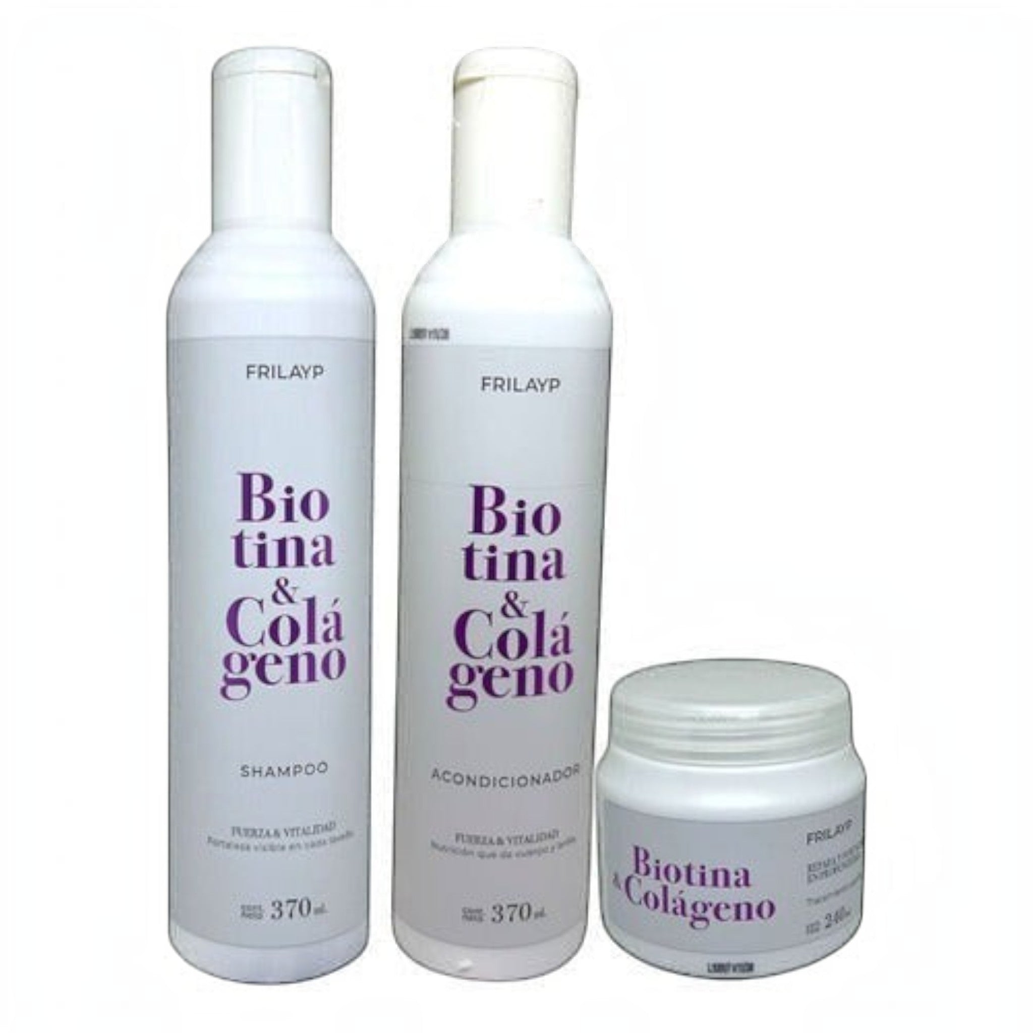 Kit Distriwil Frilayp de shampoo, acondicionador y baño de crema con biotina y colágeno para nutrición capilar.