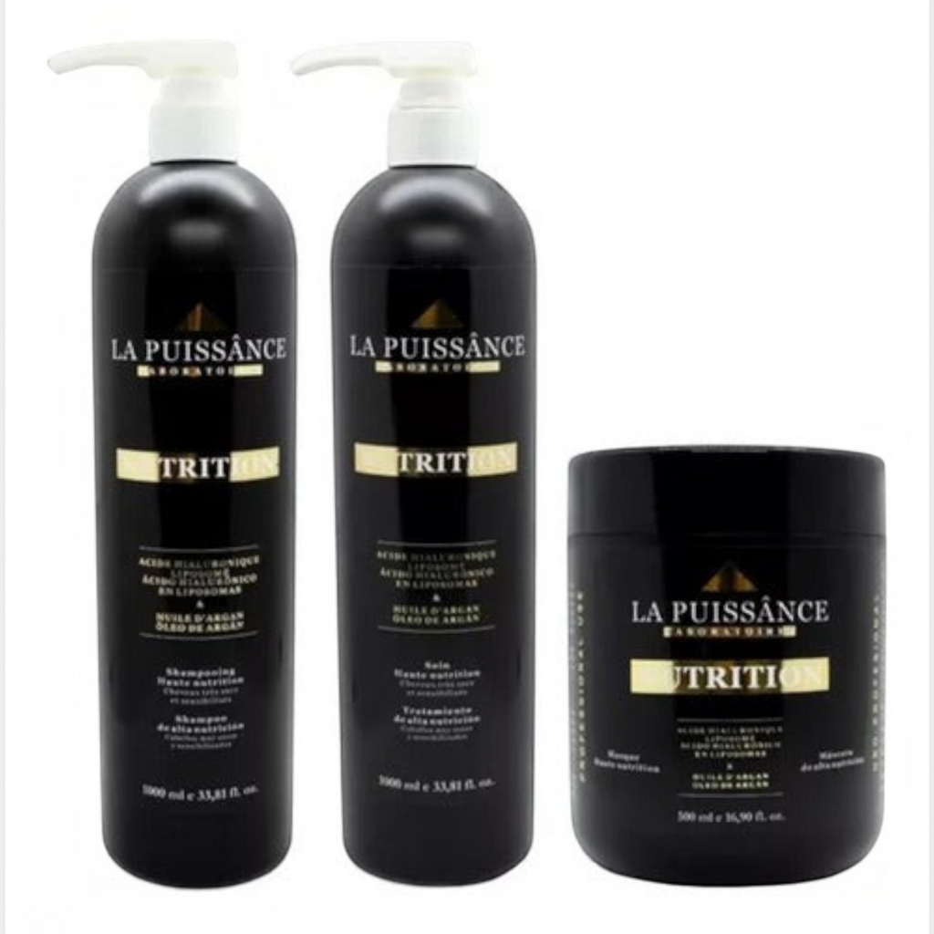 Kit Distriwil La Puissance con shampoo, acondicionador y máscara de argán en envases negros profesionales