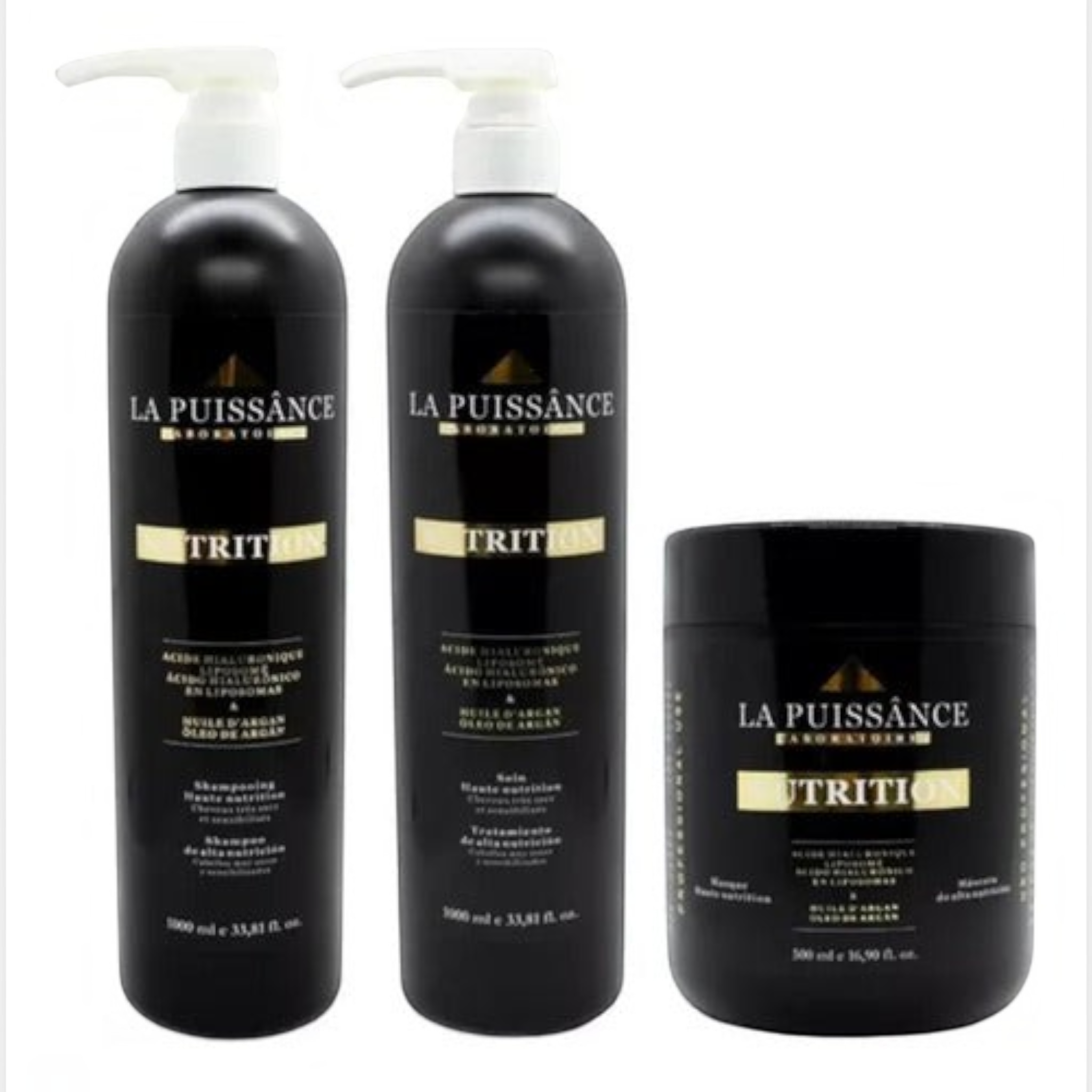 Kit Distriwil La Puissance con shampoo, acondicionador y máscara de argán en envases negros profesionales