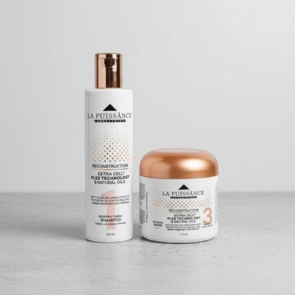 Kit Distriwil La Puissance Extra Cell con shampoo y máscara de reconstrucción capilar en envases blancos y dorados.