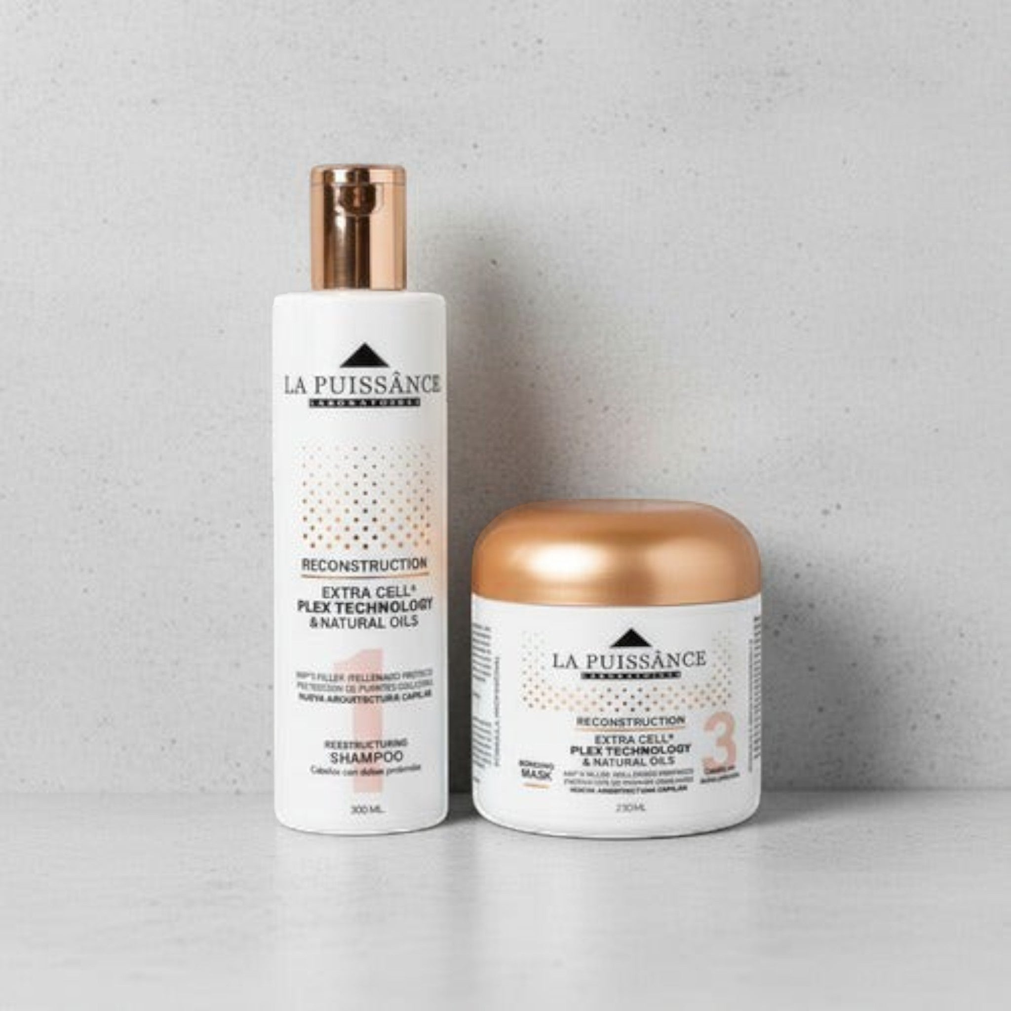 Kit Distriwil La Puissance Extra Cell con shampoo paso 1 y máscara paso 3 para reconstrucción capilar profunda