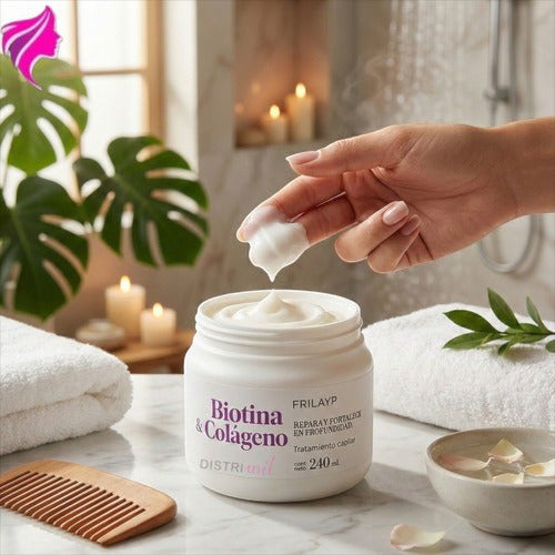 Kit de tratamiento capilar Distriwil con máscara de colágeno y biotina Frilayp para reparar y nutrir cabellos dañados.