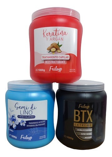 Kit de 3 mascaras capilares Distriwil Frilayp de 1000g con Botox, Keratina con Argan y Lino con Acido Hialuronico