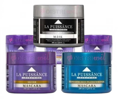 Kit de 3 mascaras capilares matizadoras Distriwil La Puissance para cabellos rubios, grises y platinados de 250ml
