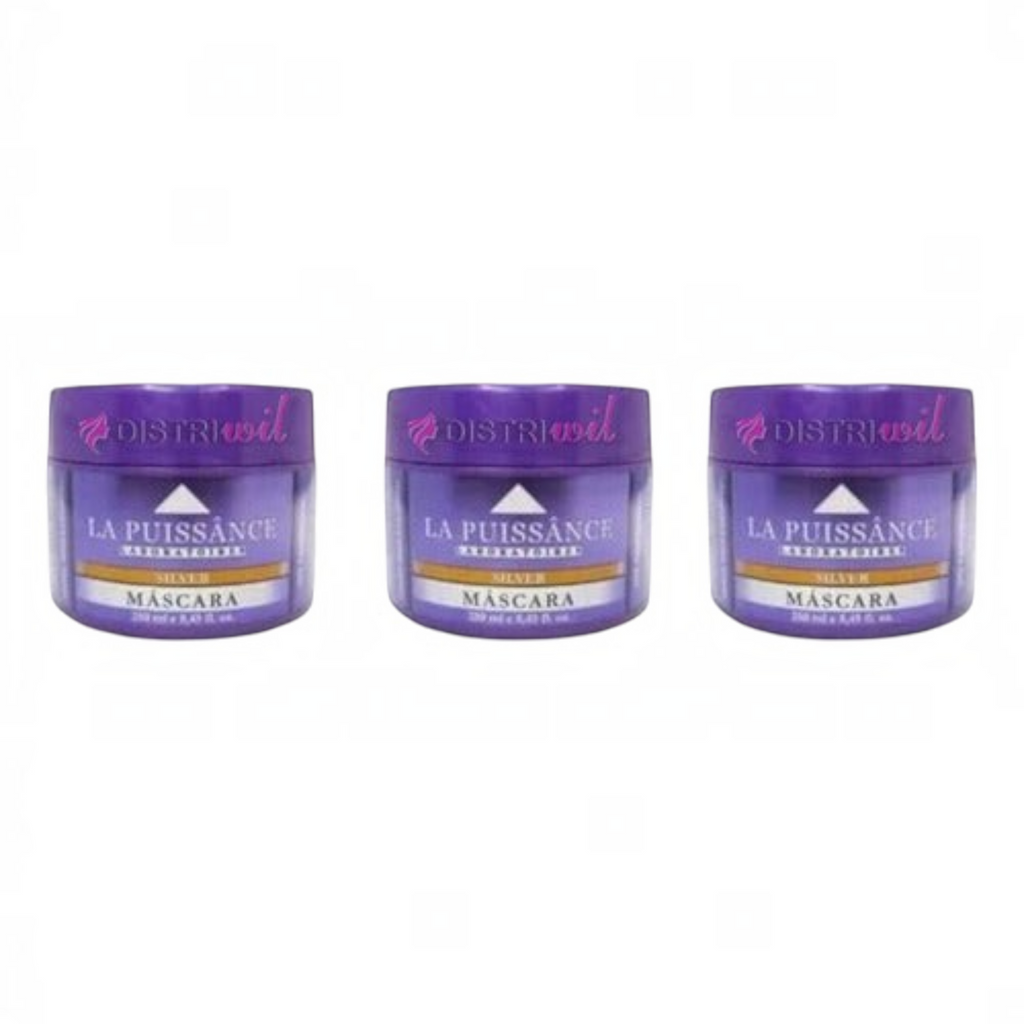 Kit de 3 mascaras capilares matizadoras Distriwil La Puissance Silver para cabellos rubios y grises de 250ml cada una