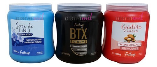 Kit de tres mascarillas capilares Distriwil Frilayp de 1000g con Botox, Keratina, Argán y Ácido Hialurónico.