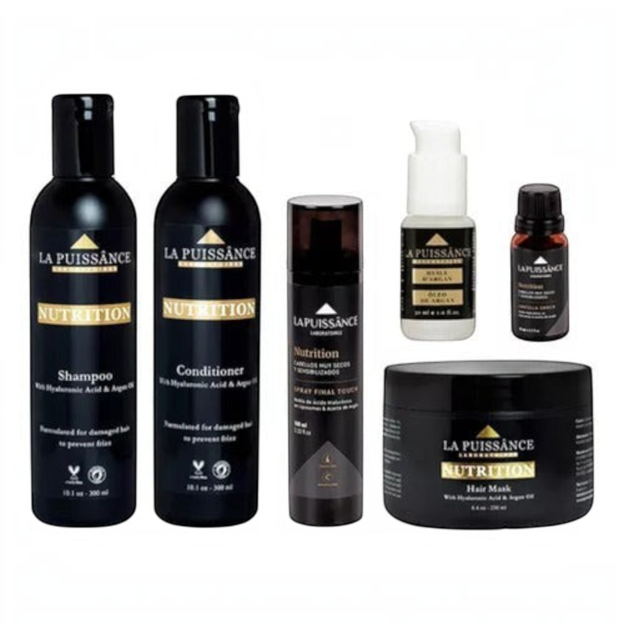 Kit completo de cuidado capilar Distriwil La Puissance con aceite de argán para reparar e hidratar cabellos secos.