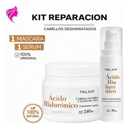 Kit de cuidado capilar Distriwil con máscara de ácido hialurónico de 240g y serum reparador de 30ml para cabello seco.