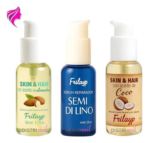Kit de tres serums capilares Distriwil Frilayp con aceite de almendras, coco y semi di lino en envases dosificadores