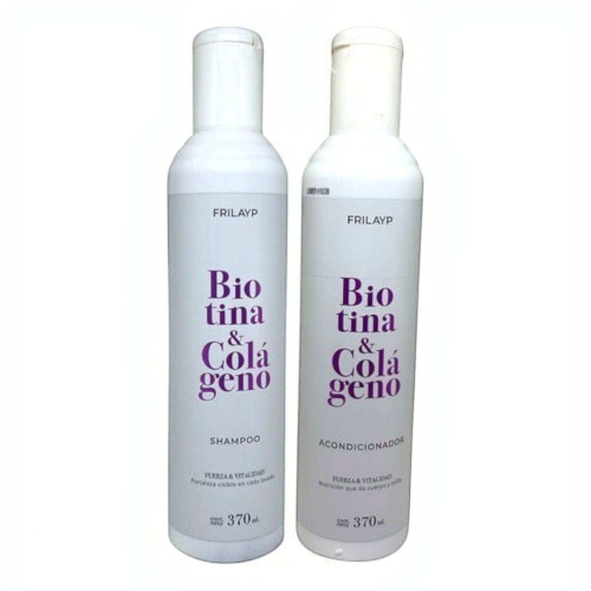 Kit Distriwil Frilayp de shampoo y acondicionador con biotina y colágeno en envases blancos de 370ml