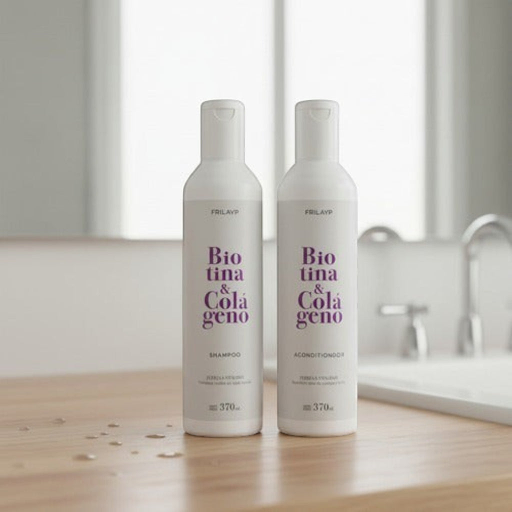 Kit Distriwil Frilayp de shampoo y acondicionador con biotina y colágeno en envases blancos sobre superficie de madera