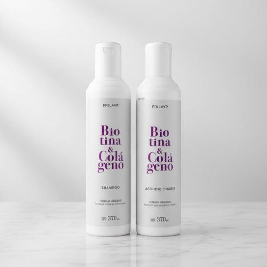 Kit Distriwil Frilayp de shampoo y acondicionador con biotina y colágeno en envases blancos de 370ml