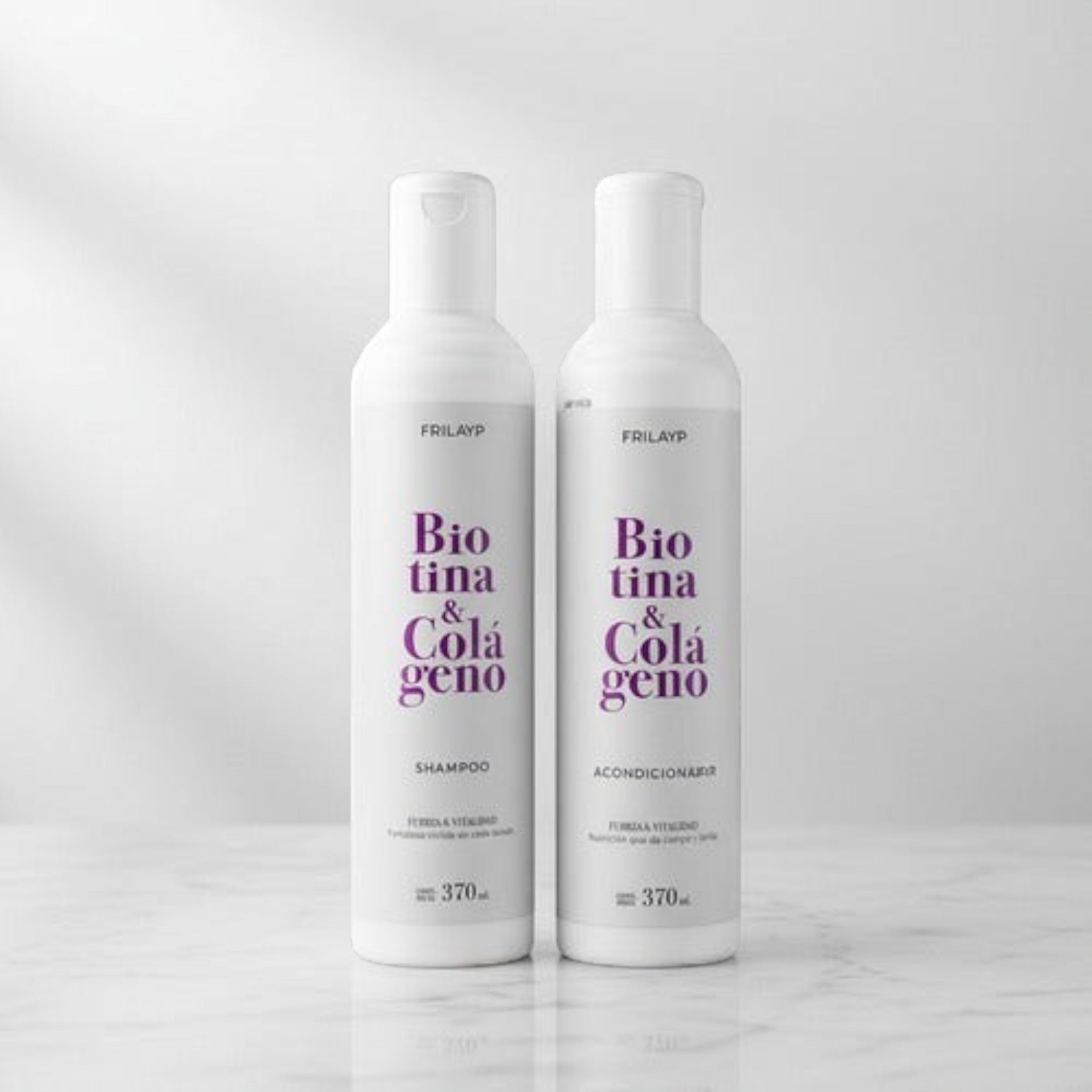 Kit Distriwil Frilayp de shampoo y acondicionador con biotina y colágeno en envases blancos de 370ml