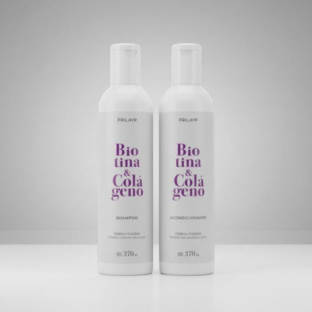 Kit Distriwil Frilayp de shampoo y acondicionador con biotina y colágeno en envases blancos de 370ml