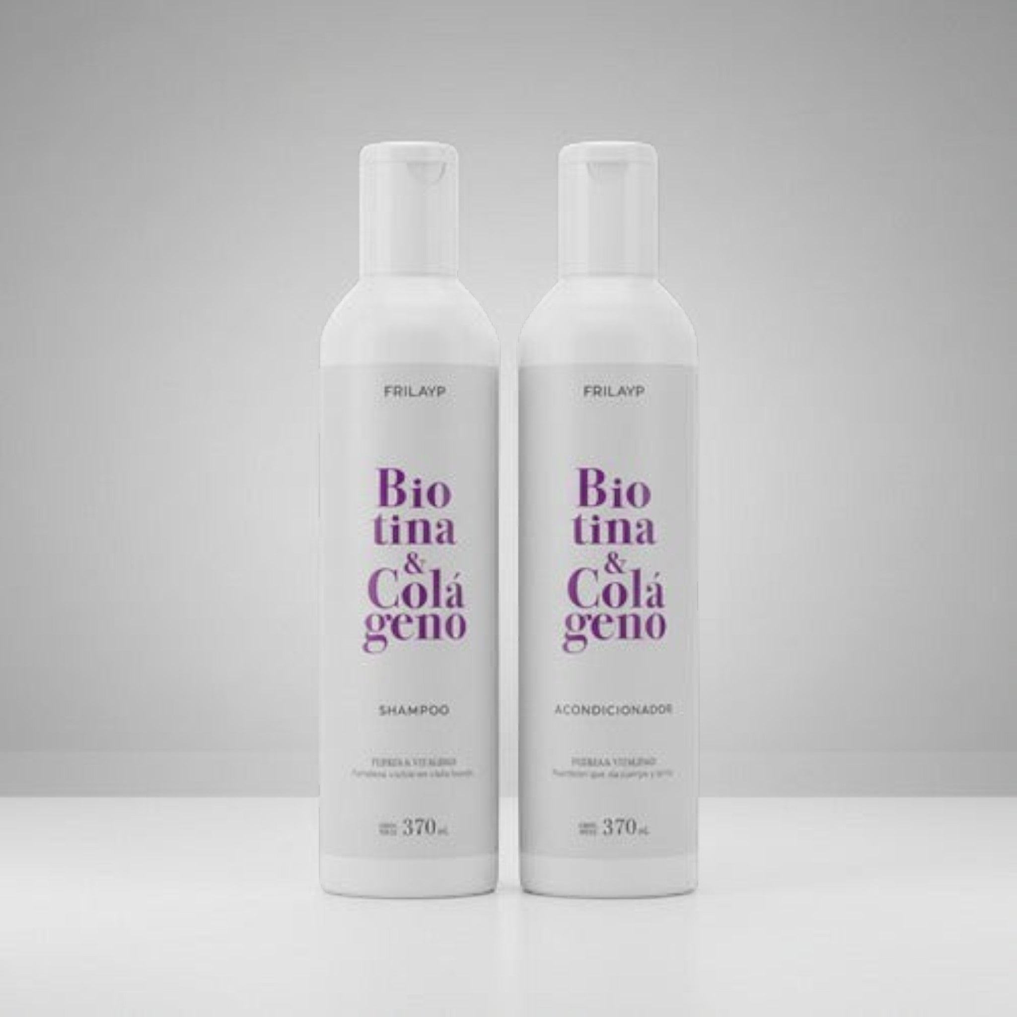 Kit Distriwil Frilayp de shampoo y acondicionador con biotina y colágeno en envases blancos de 370ml