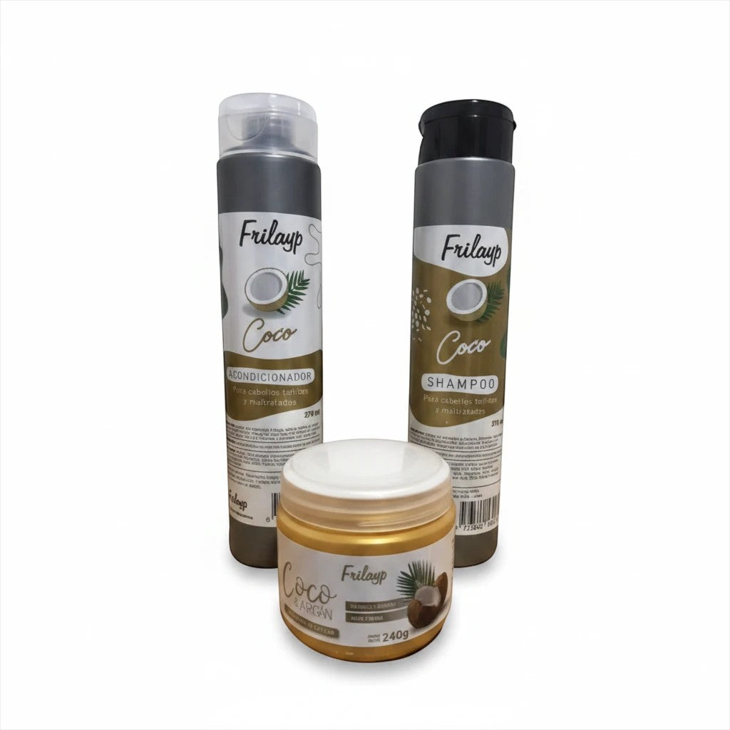 Kit capilar Distriwil Frilayp de coco con shampoo, acondicionador y baño de crema para cabello teñido y maltratado