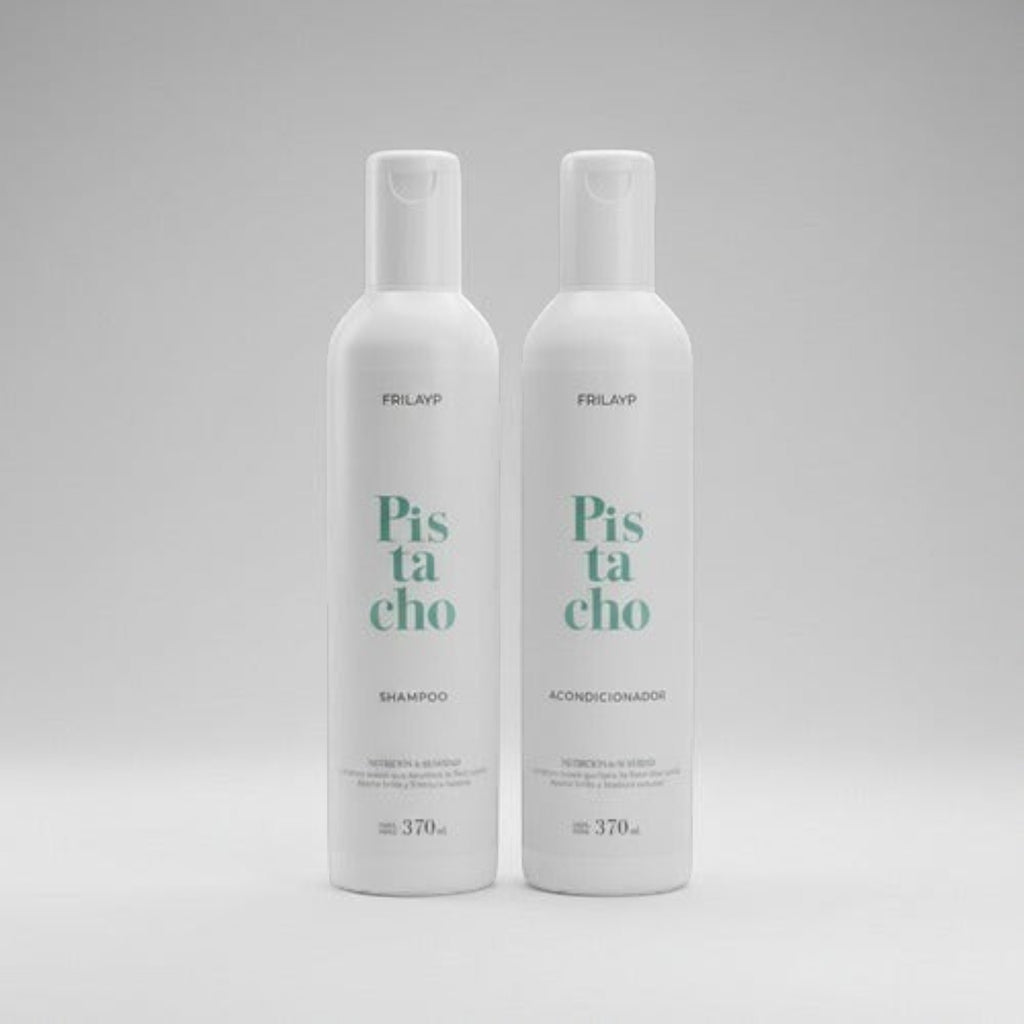 Kit Distriwil Frilayp de shampoo y acondicionador de pistacho en botellas blancas de 370ml para cuidado capilar