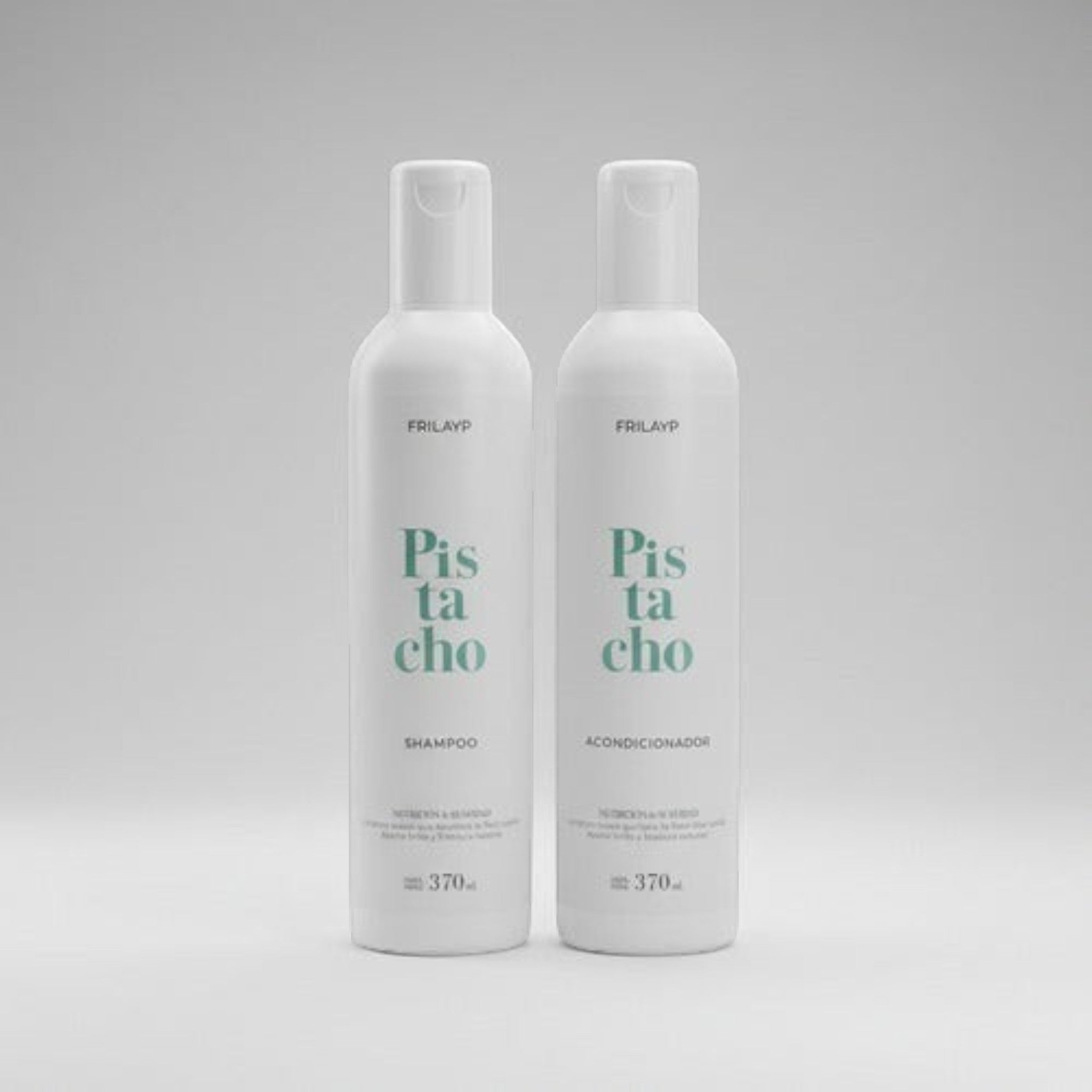 Kit Distriwil Frilayp de shampoo y acondicionador de pistacho en botellas blancas de 370ml para cuidado capilar