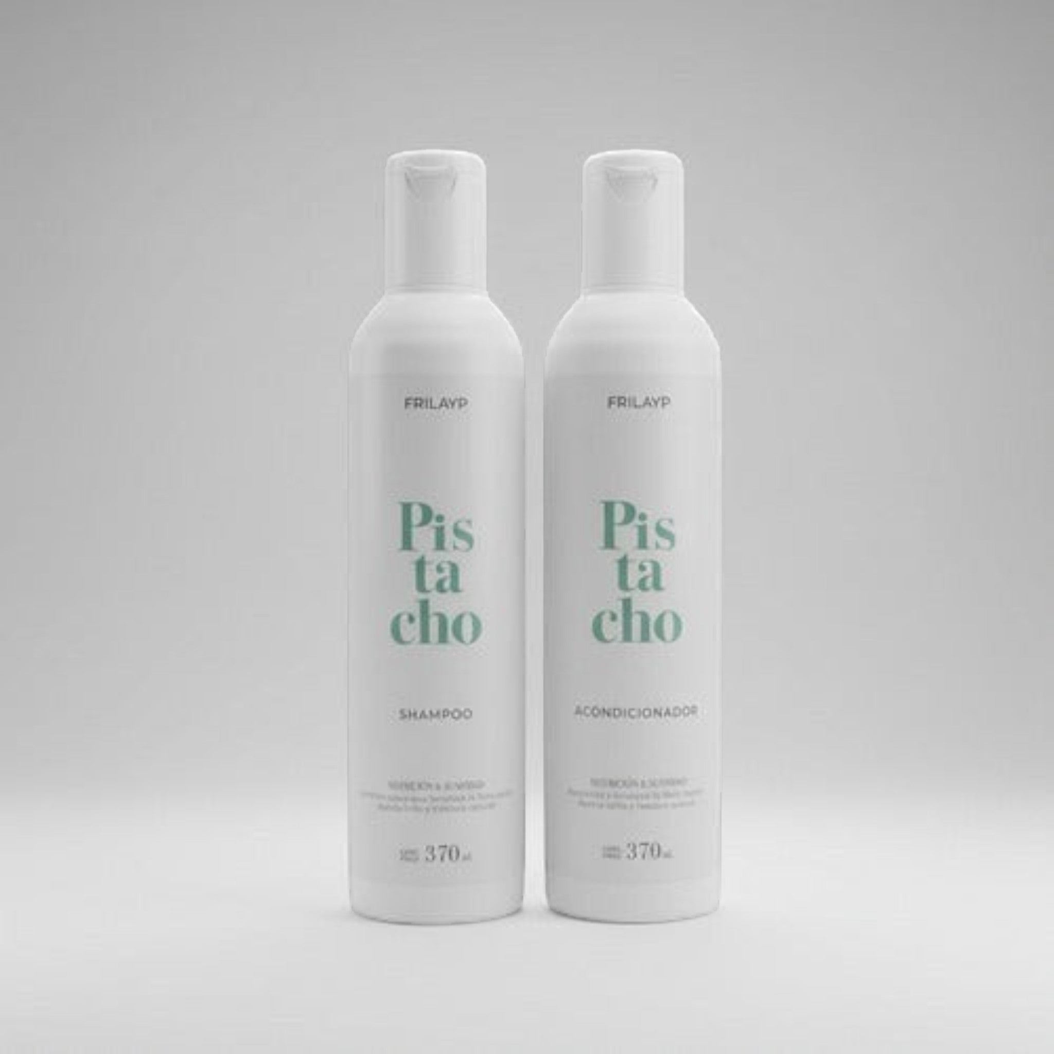 Kit Distriwil Frilayp de shampoo y acondicionador de pistacho en botellas blancas de 370ml para cuidado capilar