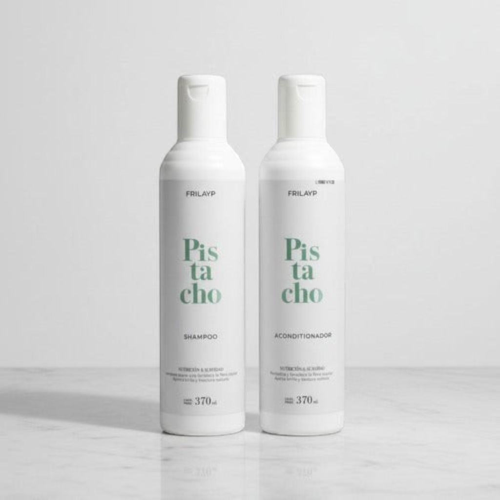Kit Distriwil Frilayp de shampoo y acondicionador de pistacho en botellas blancas de 370ml para nutrición capilar