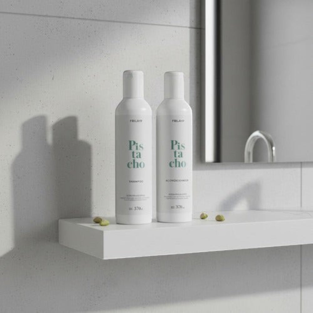 Kit Distriwil Frilayp de shampoo y acondicionador de pistacho en botellas blancas sobre estante de baño moderno
