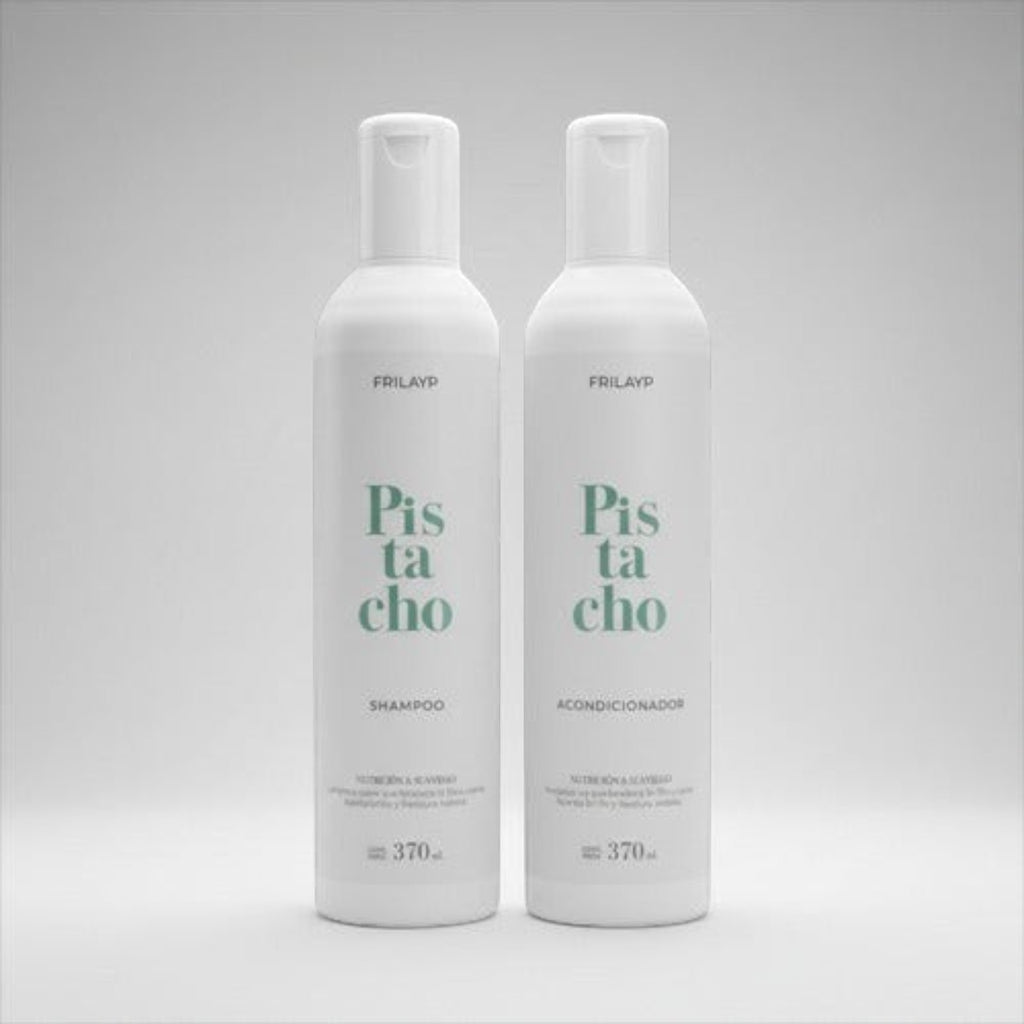 Kit Distriwil Frilayp de shampoo y acondicionador de pistacho en botellas blancas de 370ml para cuidado capilar