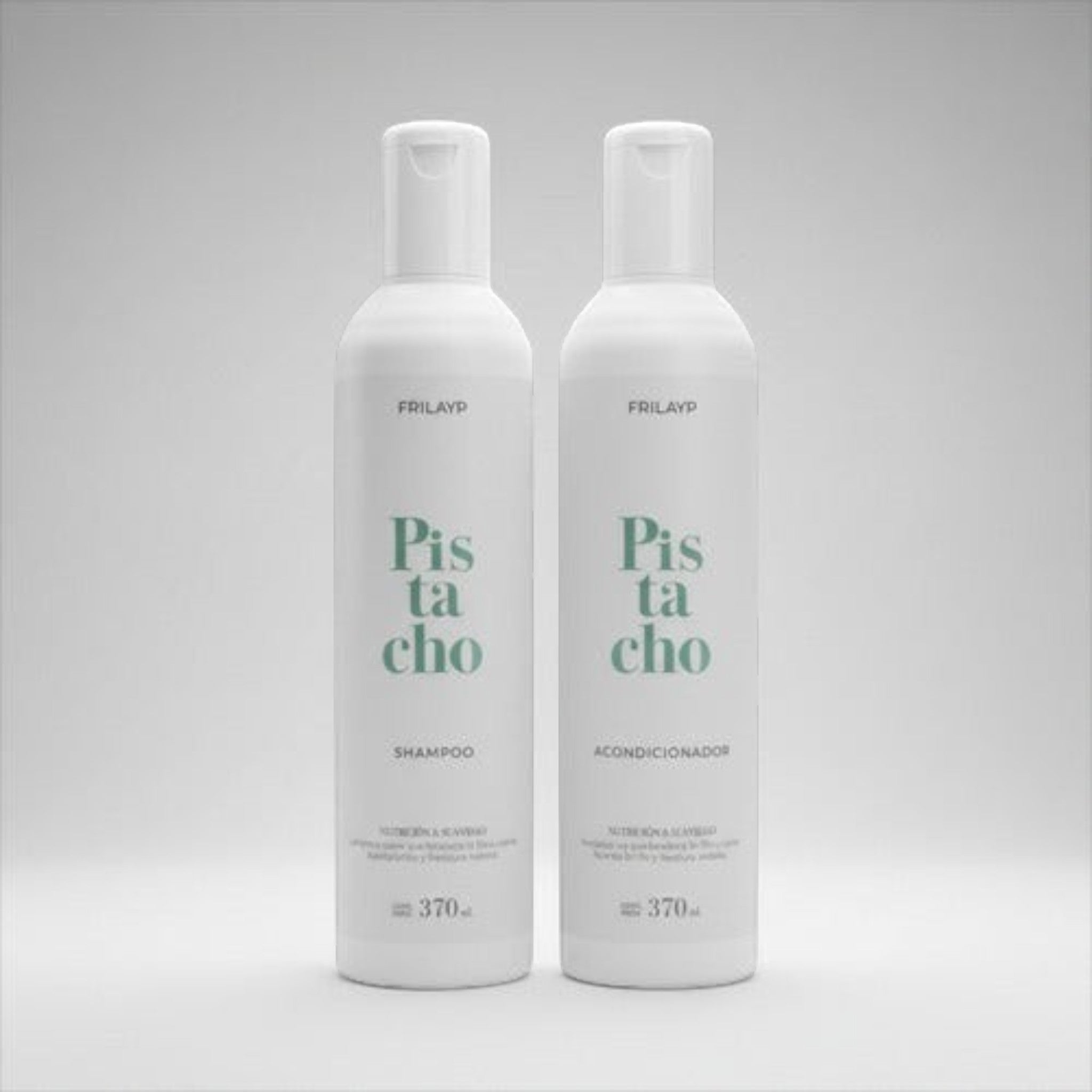 Kit Distriwil Frilayp de shampoo y acondicionador de pistacho en botellas blancas de 370ml para cuidado capilar