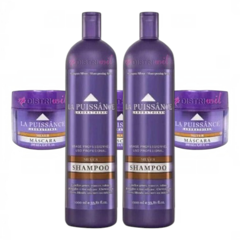 Kit Distriwil La Puissance con shampoo y máscaras matizadoras violetas para cabellos rubios, grises y platinados