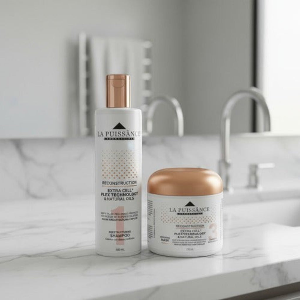 Kit Distriwil La Puissance Extra Cell con shampoo y máscara de reconstrucción capilar en envases blancos y dorados.