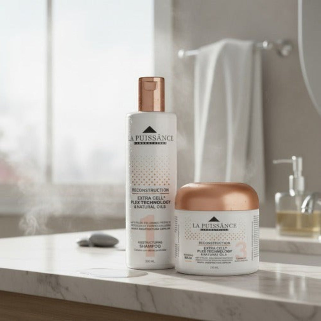 Kit Distriwil La Puissance Extra Cell con shampoo y máscara de reconstrucción capilar en envases blancos y cobre
