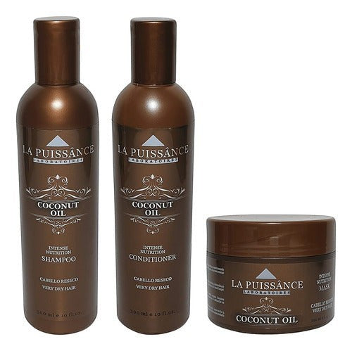 Kit Distriwil La Puissance Coconut Oil con shampoo, acondicionador y máscara nutritiva para cabello seco.
