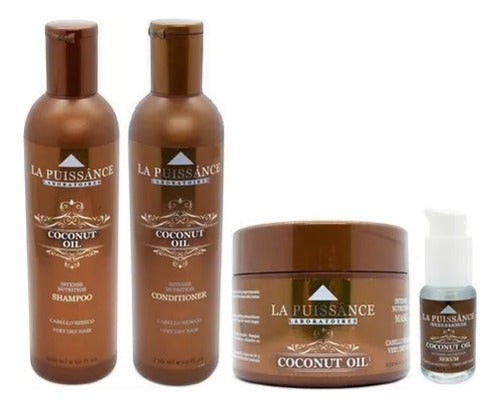 Set de cuidado capilar Distriwil La Puissance con aceite de coco, incluye shampoo, acondicionador, máscara y serum.
