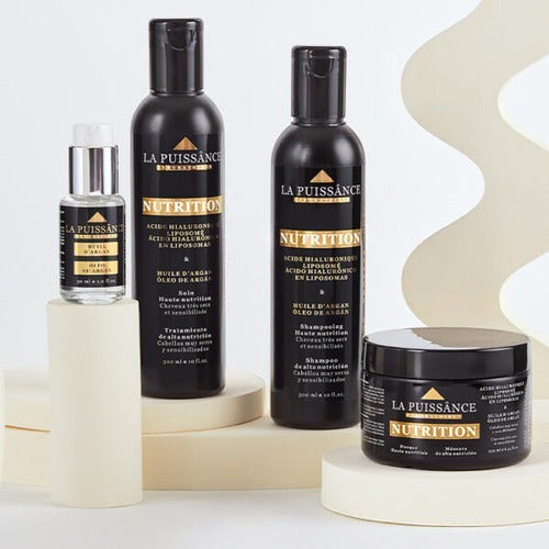 Kit de tratamiento capilar Distriwil La Puissance con aceite de argán para nutrición profunda de cabellos secos.