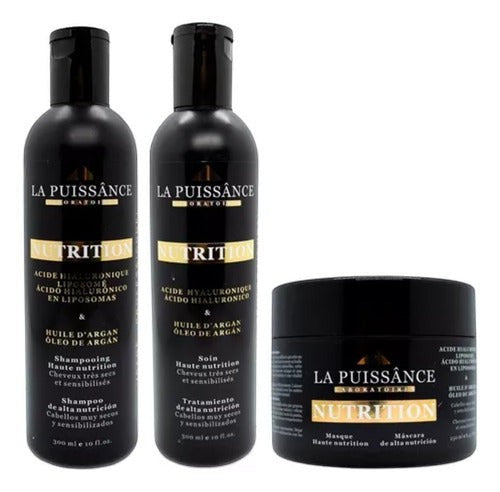 Kit Distriwil La Puissance con shampoo, acondicionador y máscara de argán para nutrición profunda de cabellos secos.
