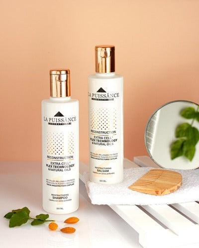 Kit Distriwil La Puissance Extra Cell con shampoo y acondicionador reparadores para cabello dañado sobre base blanca