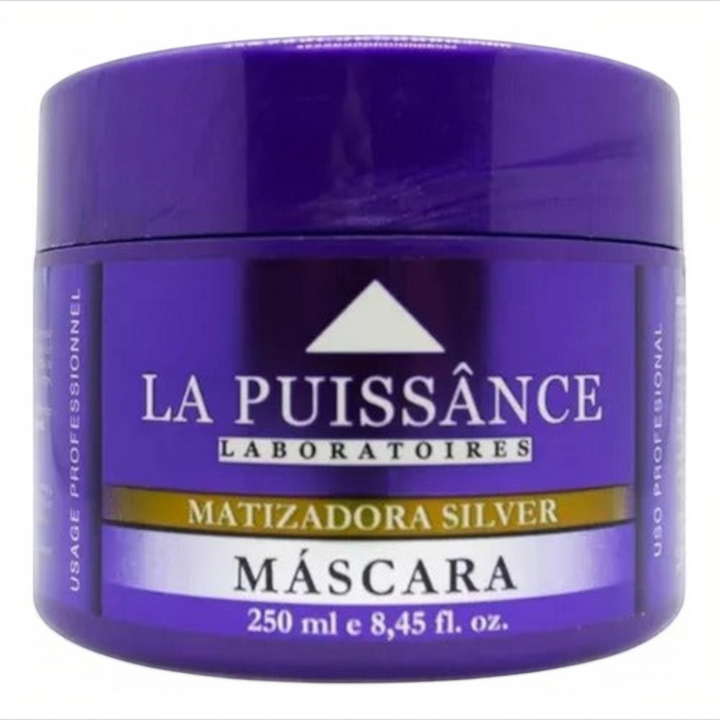 Máscara capilar matizadora Distriwil La Puissance Silver de 250g en envase morado para cabellos rubios y con canas