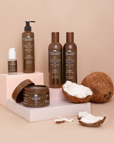 Set de productos capilares Distriwil La Puissance con aceite de coco, incluyendo shampoo, máscara y crema de peinar.
