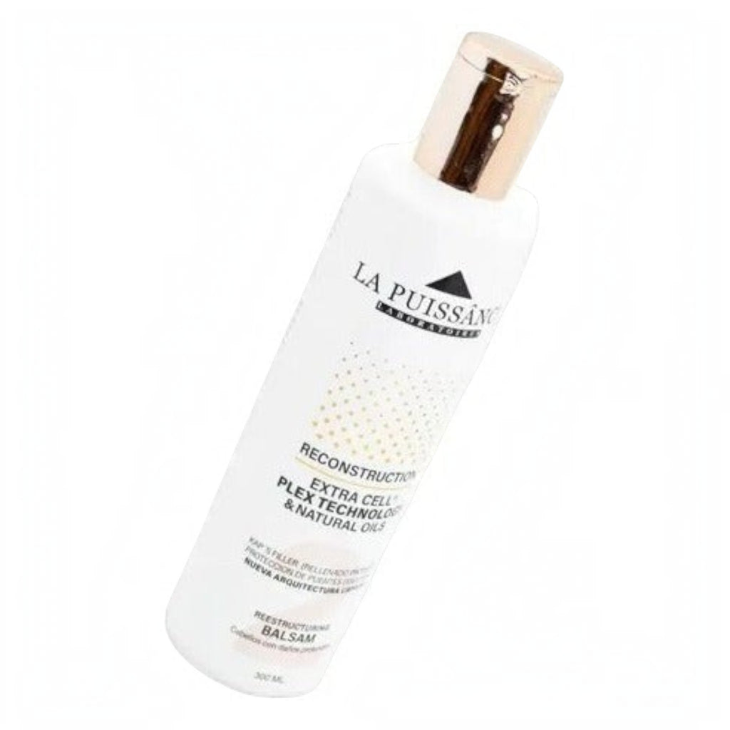 Distriwil La Puissance Extra Cell Shampoo reparador en envase blanco con tapa dorada para cabello dañado