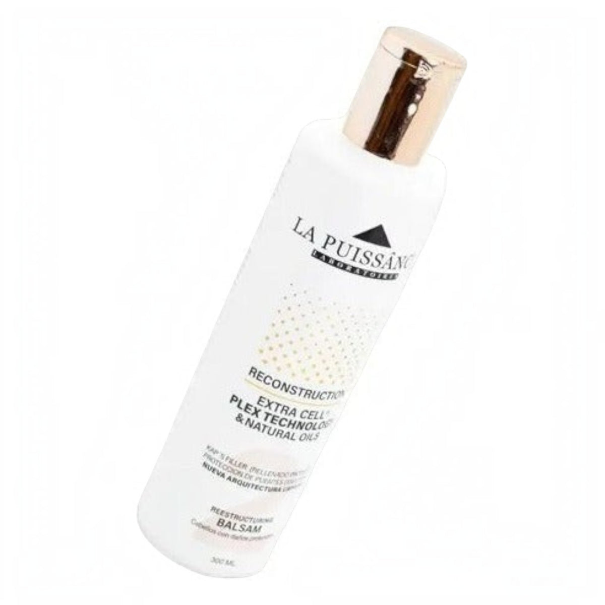 Distriwil La Puissance Extra Cell Shampoo reparador en envase blanco con tapa dorada para cabello dañado