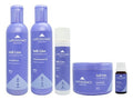 Kit completo La Puissance Soft Liss para cabello lacio y alisado: champú, tratamiento, máscara, spray y ampollas. Envases morados.
