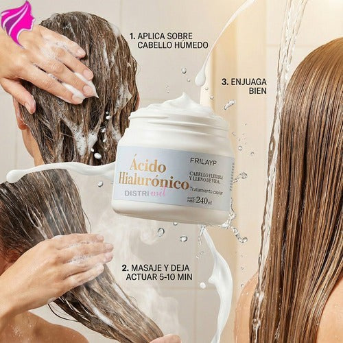 Kit de tratamiento capilar Distriwil con máscara de ácido hialurónico Frilayp y pasos de aplicación en el cabello