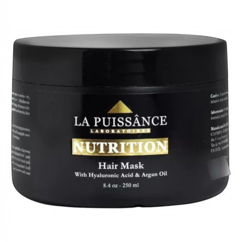 Máscara capilar nutritiva Distriwil La Puissance con aceite de argán y ácido hialurónico en envase negro de 250ml