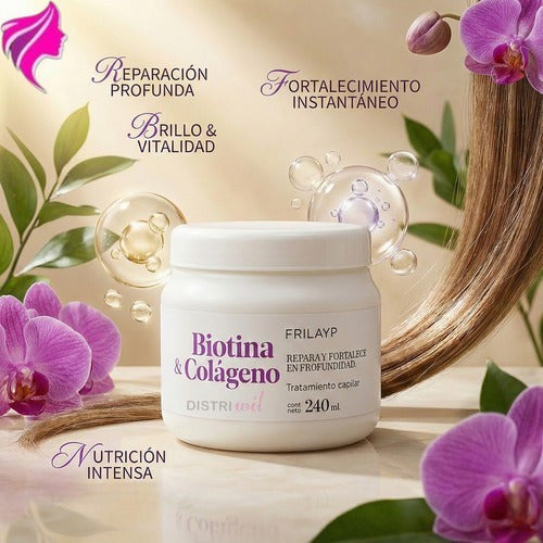 Tarro de crema capilar Distriwil Frilayp con biotina y colágeno para reparación profunda, rodeado de flores y cabello