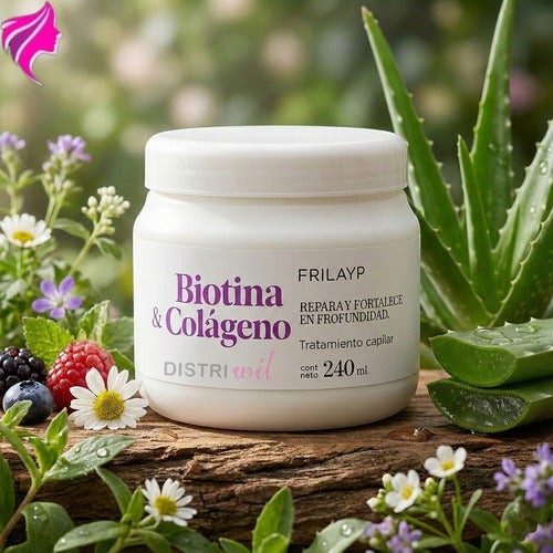 Kit de tratamiento capilar Distriwil Frilayp con máscara de colágeno y biotina para reparar y nutrir cabellos dañados.