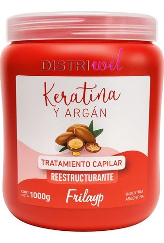 Tarro de tratamiento capilar Frilayp Keratina y Argán de Distriwil, máscara reestructurante de 1000g en envase rojo.