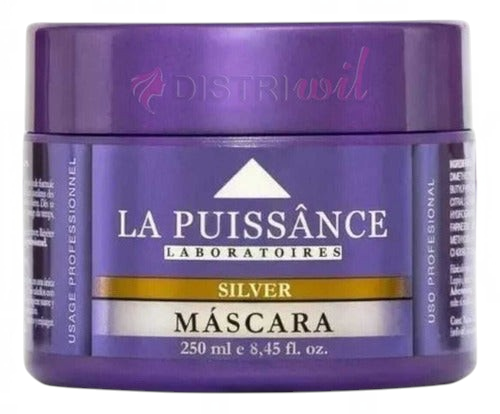 Máscara capilar matizadora Silver Distriwil de La Puissance para cabellos rubios y grises en envase morado de 250ml