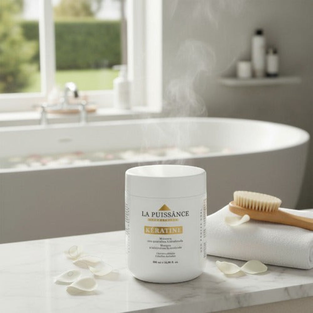 Máscara capilar Distriwil La Puissance Keratina Antifrizz en envase blanco de 500ml sobre mármol en un baño relajante