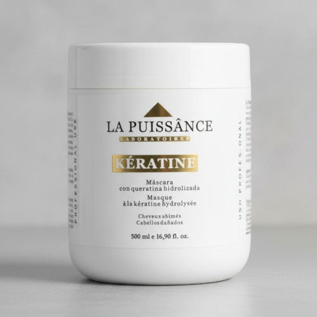 Máscara capilar La Puissance Keratina Antifrizz de 500ml en envase blanco, tratamiento reparador de Distriwil