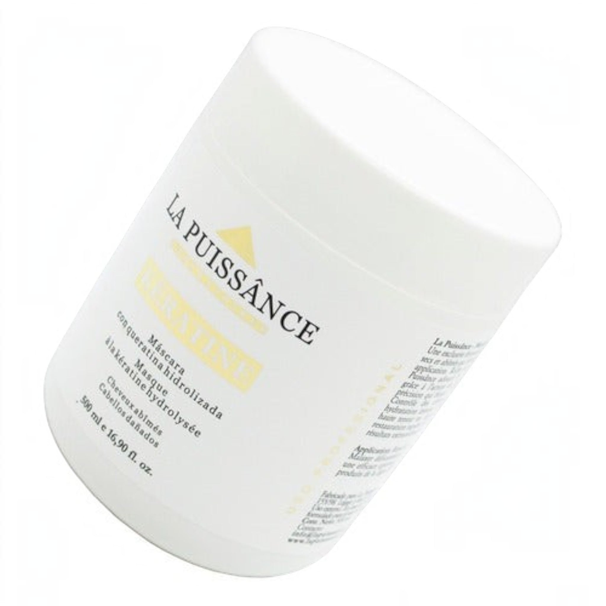 Máscara capilar La Puissance Keratina Antifrizz de Distriwil en envase blanco de 500ml para reparar cabello dañado